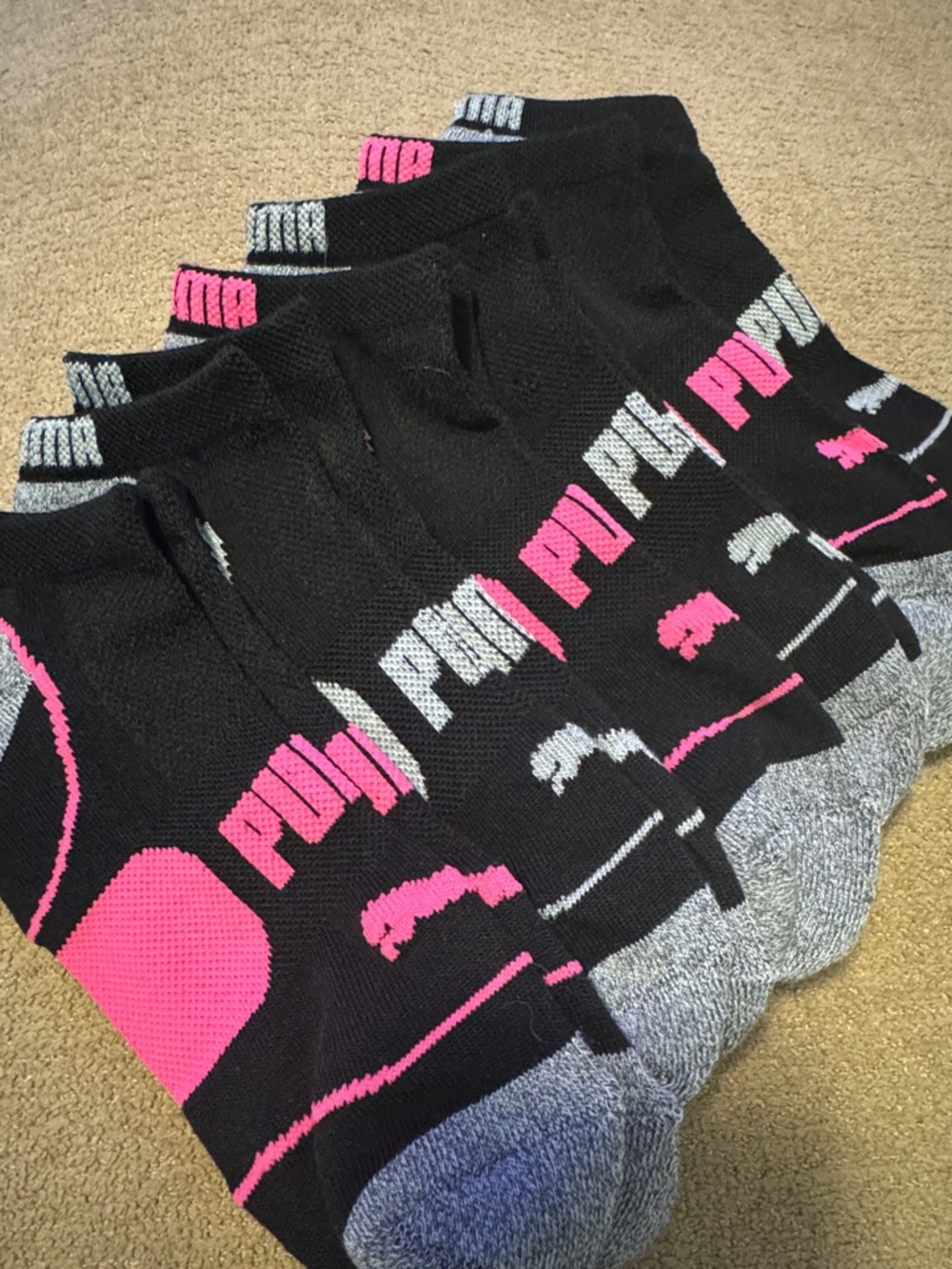 Puma Unisex Black Athletic No-Show Socks with Pink Accents